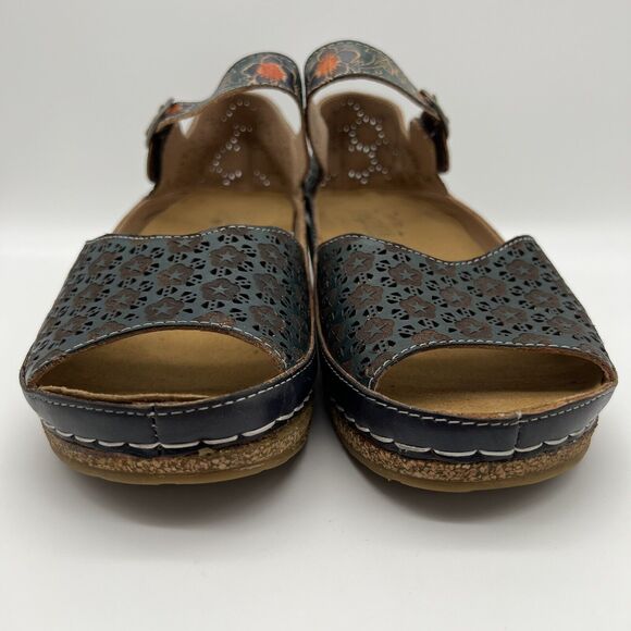 L’Artiste Spring Step Delphi’s Navy Blue Floral Leather Open Toe Wedge Sandal 42 - Picture 6 of 13